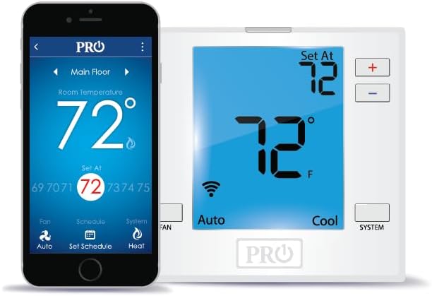 PRO1 T751i 7" Backlit WiFi Thermostat, Adjustable Cycles, Temp Calibration, 2H/2C Conventional, 4H/2C Heat Pump, 24V Power, App Programmable, 5-Year Warranty