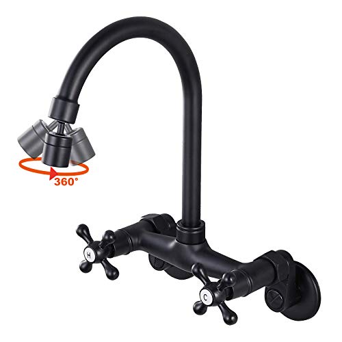 Matte Black Wall Mount Kitchen Sink Faucet 6 Inch Center Mixer Tap 360 Degree Swivel Spout Double Cross Handle