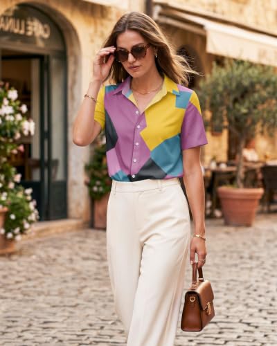 Image of 99TIMORO Fantasy Character Button Down Shirt for Women Short Sleeve | Novel Movie Themed V Neck Collared Tops Lightweight Breathable Beach Vacation Casual Wear Summer Mother Gifts Classic Fit
