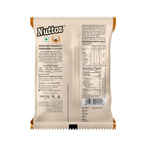 Image of Nuttoz Roasted Peanut Tandoori - Pack of 2 (140gm each) | Jumbo Roasted Moongfali | Non Fried Ready to Eat Healthy Snack | Crunchy Snack and Namkeen