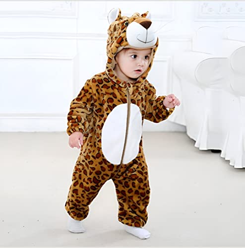BRANDONN Unisex Baby Flannel Jumpsuit Panda Style Cosplay Clothes Bunting Outfits Snowsuit Hooded Romper Outwear (Leopard Prints, 3-6 Months)