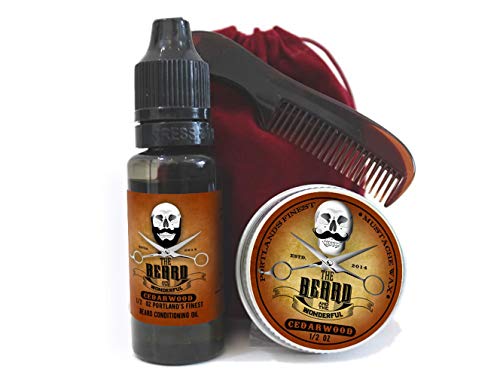 Mens Grooming Set Cedarwood Fragrance - Moustache Wax, Beard Oil & Pocket Size Beard and Tache Comb Presented in a red Velvet Drawstring Travel Bag
