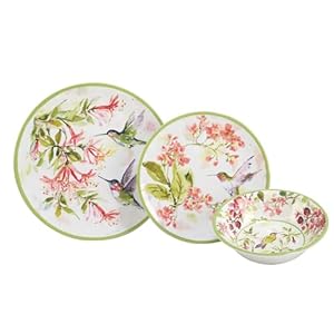 Certified international hummingbirds melamine 12 pc dinnerware set service for 4 multicolor  urban country home decor