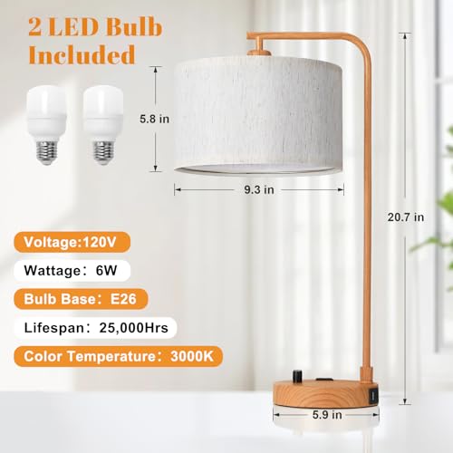 Innqoo Bedside Table Lamps for Bedroom Set of 2-Dimmable Nightstand Lamps with USB Port and Outlet,Modern Wood Lamps with Linen Shade,Tall Desk Lamps for Home Office Bedroom Living Room End Table — view 3