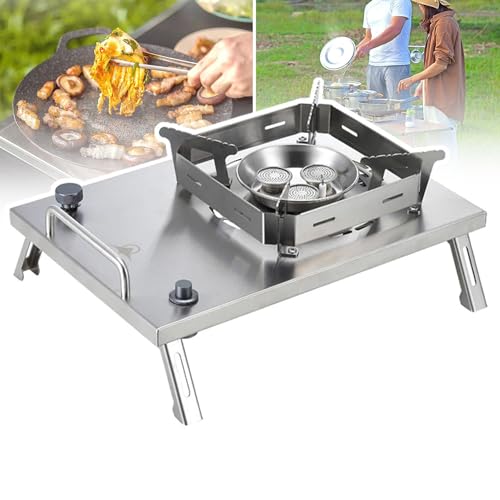 Parrilla plegable de gas para barbacoa – Estufa de camping ajustable con mango de acero inoxidable y patas plegables – Quemador de tres núcleos para cocinar al aire libre