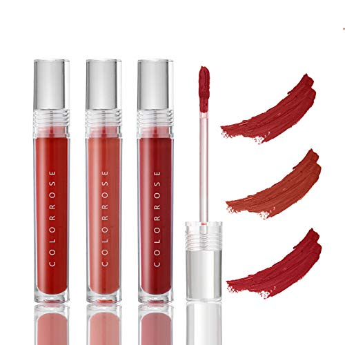 COLORROSE Velvety Liquid Matte Lipstick, 3 Pack Red Matte Lipstick, Moisturizing Pigmented Metalic Lipsticks Gift Set for Lipstick Makeup Lip Gloss
