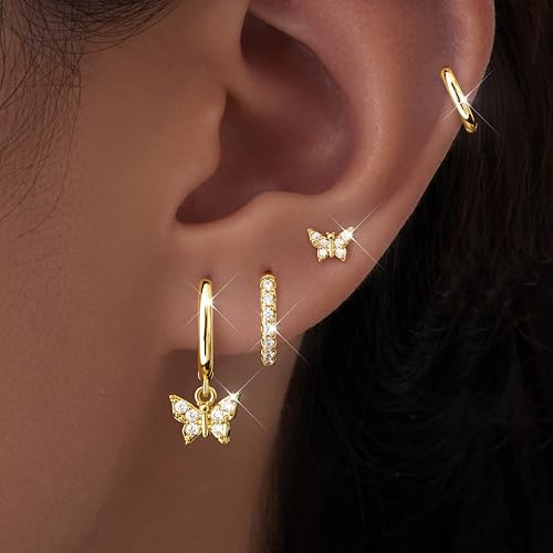 Image of Small Gold Huggie Hoop Earrings Set for Women Men Hypoallergenic 14K Plated Stack Cartilage Earrings, Sterling Silver Multiple Piercing Lightweight Mini Thin Cute Dainty Trendy Jewelry Gifts for Women