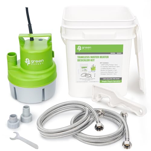Green Expert Tankless Water Heater Flushing Kit, 1/6 HP Pump 3 Gallon Pail w/Screw-Top Lid, 2 x 6FT 3/4