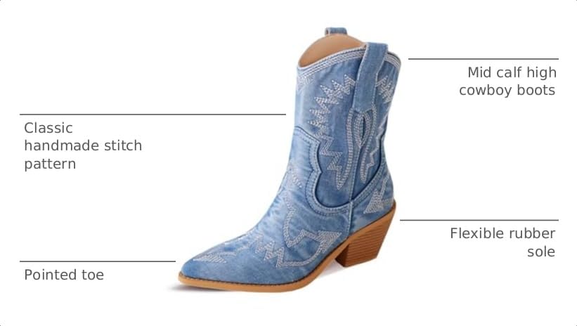 Image of Reitoye Cowboy Boots Women Knee High Cowgirl Embroidered Chunky Heel Boots | Block Chunky Heel,Pointed Toe,Half Side Zipper & Pull Tab,Embroidered Tall Boots,Fall Summer Spring Winter Dress Long Boots