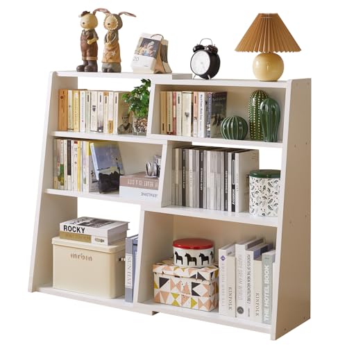 Aibiju Estantería Extensible de Madera con 6 Compartimentos, Estanteria Libros, Escalera de 3 Niveles, Baja y Corta, para Espacios Pequeños o Esquinas, Blanco YD-BC005W
