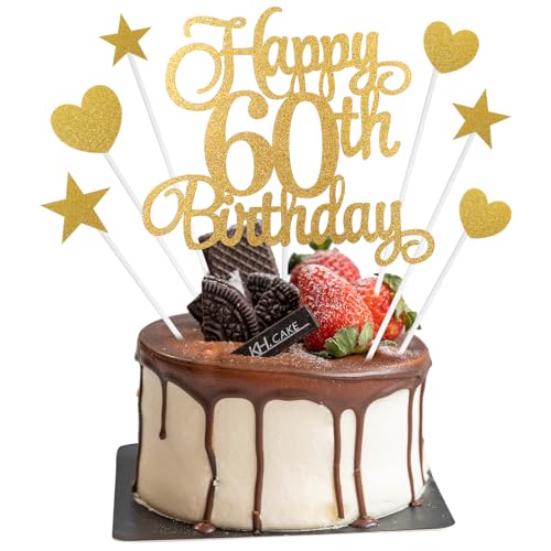 60th Birthday Cake Decorations 7Pcs Personalised Happy 60th Birthday Cake Topper with Heart Star Cupcake Picks Gold Glitter Happy 60 Years Old Birthday Sign for Birthday Party Supplies