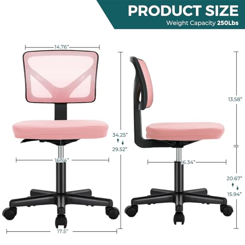 Image of DUMOS Small Office Chair Armless, Ergonomic Adjustable Home Office Swivel Rolling Task Chair No Arms, Comfy Mesh Mid Back Computer Work Vanity Desk Chiars with Wheels for Small Spaces, Hot Pink