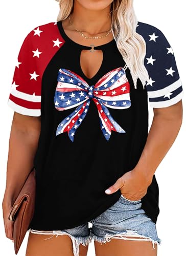 Image of Ithalt Plus Size American Flag Shirt Women Bow T Shirt 4th of July Shirts USA Patriotic V Neck Tees for Independence Day