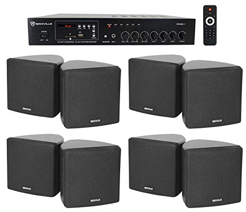 Rockville Bundle RCS80-1 60 Watt 70v Commercial Amp/Bluetooth Receiver Bundle with (4) Cube Pair of 3.5