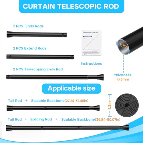 2PCS Spring Tension Curtain Rod 28 To 48 Inch Adjustable Expandable Black Tension Rod 7/8" Shower Curtain Rods No Drilling Spring Loaded Curtain Rod for Windows Bathroom Closet Bedroom Doorway Door