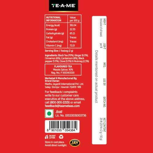 Image of TE-A-ME Indulge Masala Tea, 25 Bags (Pack of 4) | Masala Chai | Black Tea Bags 100 pieces