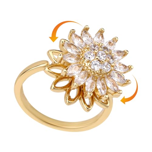 Mikovivi Bague Tournesol Rotative en Or, Anneau Rotatif Réglable avec Zircone Cubique Bijoux en Forme de Fleur Cuivre Doré pour Femmes et Hommes