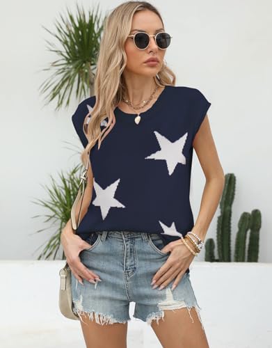 Image of Alsol Lamesa Women's Summer Cap Sleeve Sweater Vest 2024 Crewneck Sleeveless Pullover Knit Lightweight Tank Tops, Large, 911 Navy