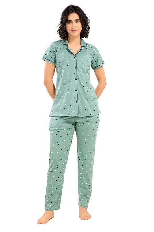 GLAMORAS Cotton Printed Night Suit Set of Shirt & Pyjama for Women | Collar Neck, Half Sleeve & Relaxed Fit Pyjama Set | Stylish Night Wear Dress for Women | Size: S-2XL