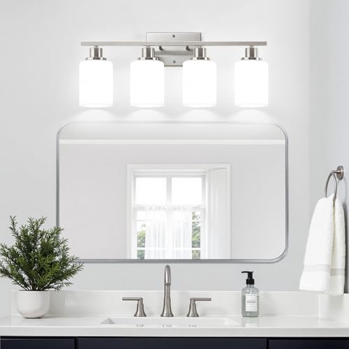 Image of Indoi 4-Light Bathroom Light Fixtures, Brushed Nickel Modern Vanity Lights with Milky White Shades, Bathroom Wall Lamp for Mirror Living Room Cabinet Bedroom Porch
