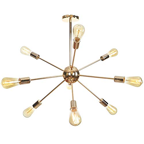 WDLWUJIN Suspension Lampe Plafonniers Lustres 12 Lumières Spoutnik Mid Century Chrome Starburst Luminaire, E27 Rétro Industriel Pendentif Éclairage, Pour Salon,D'Or,9 Têtes