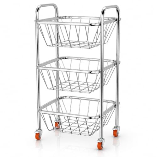 Image of TUNIS 3 Tier Stainless Steel Open Wire Trolley | Multipurpose Vegetable & Fruit Basket Rack | 360 Wheels| Strong Welded Frame| Rolling Utility Organizer for Kitchen, Pantry & Home