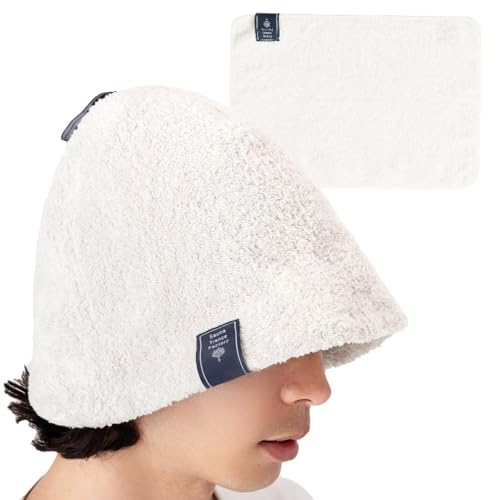 [Duerfusa] サウナハット メンズ レディース 大きめ タオル地 綿100% 厚手 立体縫製 大きいサイズ 深め サウナグッズ コットン 洗える ポーチ付き フリーサイズ アイボリー (マット付きセット/アイボリー) 1枚目