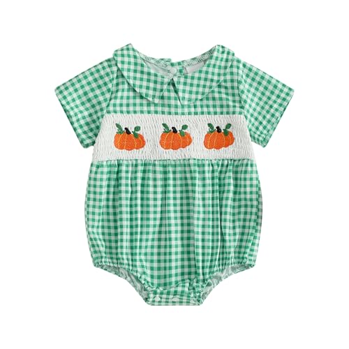 Infant Boy Smocked Pumpkin Romper Embroidery Babydoll Collar Short Sleeve Gingham Bodysuit Baby Halloween Clothes