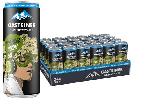 Gasteiner 100% natural | NEUE EDITION 2025 | 24 x 330ml Dosen | prickelndes Wasser mit Holunder- und Limettensaft | Kohlensäurehaltig | Erfrische deine Sinne