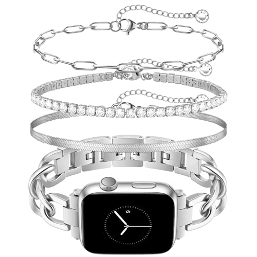 Image of JR.DM Silver Watch Bands and 3Pcs Bracelet Set for Women Compatible with Apple Watch 38mm 40mm 41mm 42mm(S10 /11) Adjustable Metal Dressy Single Chain Strap for iWatch Series 11 /10 /9 /8 /7 /6 /5 /4 /SE /3 /2 /1