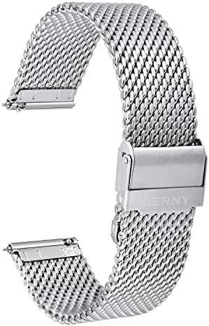 BERNY Stainless Steel Mesh Watch Band for Mens Women Quick Release Adjustable Milanese Watch Straps Thick Heavy Duty Metal Bracelet with Safty Clasp Black Silver 18mm 20mm 22mm 24mm