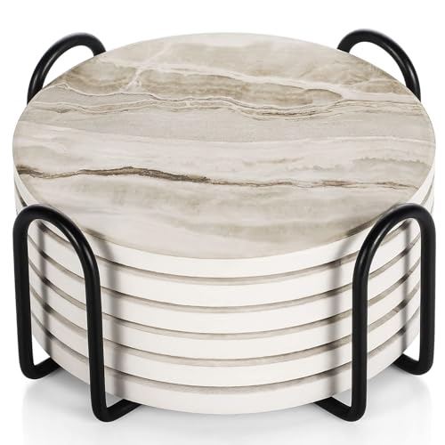 LIFVER Coasters Set of 6, Coasters for Drinks Absorbent Stone with Holder, Black Marble Style Ceramic Drink Coaster for Tabletop Protection, Coffee Table Decor Ideal for Home Decor House Warming Gifts