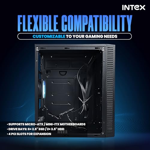 Image of Intex Bolt Computer Gaming Cabinet | Micro-ATX, Mini-ITX | 12cm LED Fans | Mesh Front Panel | Compact PC Case | Smooth Airflow | Acrylic Side Panel | 4 PCI Slots | 260mm VGA Support