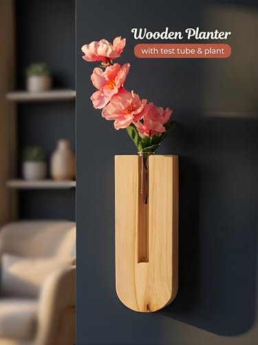 Image of Bombay Greens Planter with Wooden Holder | Test Tube Plant Indoor Stand | Wooden Planter for Home Decor, Living Room, Balcony & Office Decoration