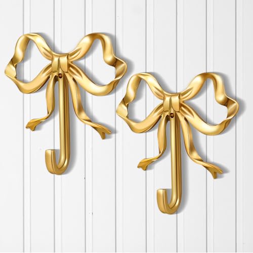 Image of Lineshading 2 Pcs Gold Bow Wall Hooks Brass Coquette Bow Hooks for Coats Hats Bags Bath Towels Robes Vintage Room Decor Office Kitchen Hallway Bathroom Nursery Decorations (L)