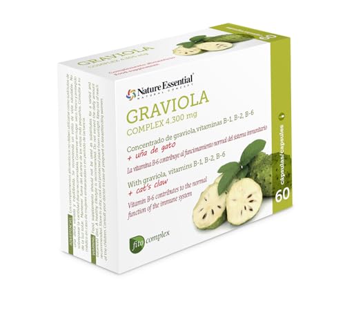 Nature Essential Graviola Complex 4300 mg. 60 Capsulas, Con uña de gato, vitamina B-1, B-2 y b-6 - Nature Essential