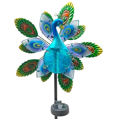 Peacock Wind Spinner Garden Decor, Solar Lighted Pathway Stake Yard Art Spinners, Wind Sculptures Garden Landscape Lights Decorations, Solar Powered Path Lights Kinetic Metal Wind Catcher for Outside