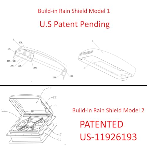 Build-in Rain Shield RV Roof Fan Vent 10-speed 12V 14'' Reversible Manual Open with Tail