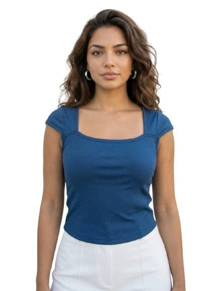 Women’s Ribbed Square Neck Top | Slim Fit| Stylish Casual Body Fit Top for Women | Soft Fabric Summer Wear (Pink)-image-2
