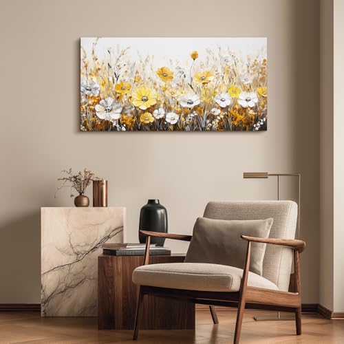SERIMINO Wildflowers Large Wall Art, Modern Industrial Gold and Silver Floral Art Prints, Rustic Flower Field Canvas Paintings, Vintage Pictures for Living Room Bedroom Kitchen Decoration 24"X48"