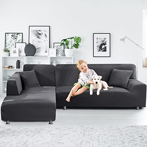 La Meack Sectional Couch Covers, Super Stretch L Shape Sofa Covers With 2Pcs Pillowcases, Washable Slipcovers Protector For Dog Cat Pets Kids Children (3 Seat Sofa + 3 Seat Chaise, Dark Grey) #TOP1