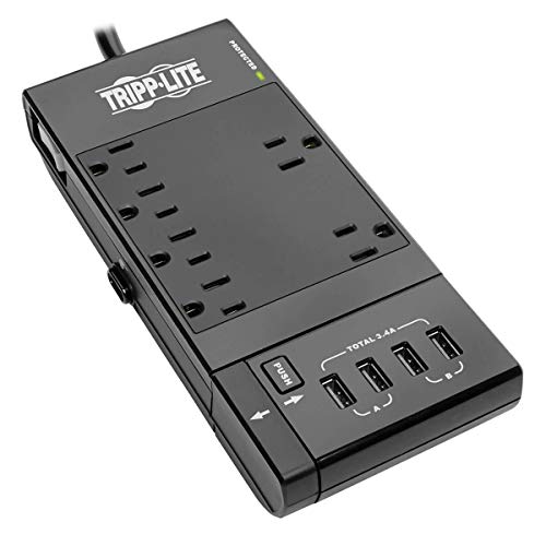 Tripp Lite Surge Protector Power Strip 6-Outlet w/4 USB Charging/Sync Ports, Black, 9.6