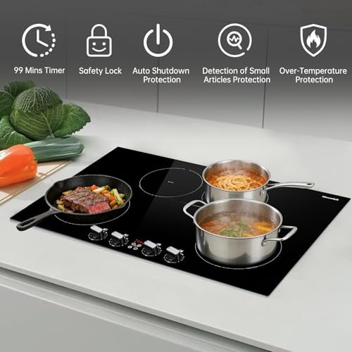 Image of 30 Inch Induction Cooktop 7800W, Weceleh 10 Levels Electric Cooktop with 4 BOOST Burners, Bulid-in Induction Stove Top, Bridge-Sync, Safety Lock, Timer, Knob Control, No Plug, 220-240V