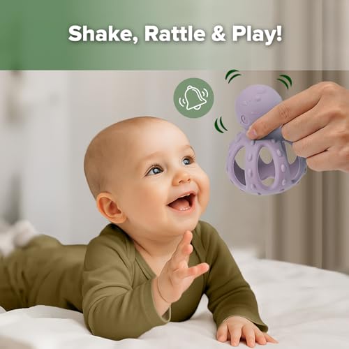 Image of haakaa Octopus Rattle Teether,2-in-1 Baby Teething Toy with Gentle Rattle,Soft Textured Teether for Sore Gums,Easy to Grasp Sensory Toy for Babies 3M+,Lavender