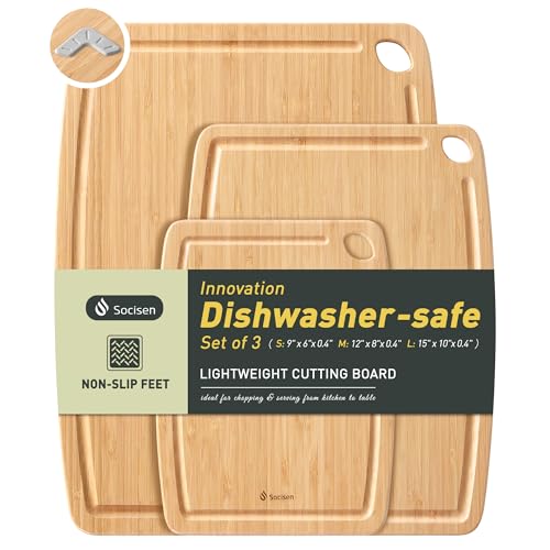Socisen Lightweight Durable Bamboo Cutting Board Set with Non-Slip Feet, Wood Cutting Board for Busy Kitchen, Easy Clean Wooden Chopping Boards with Juice Groove Best House Warming Gift Set of 3 (S+