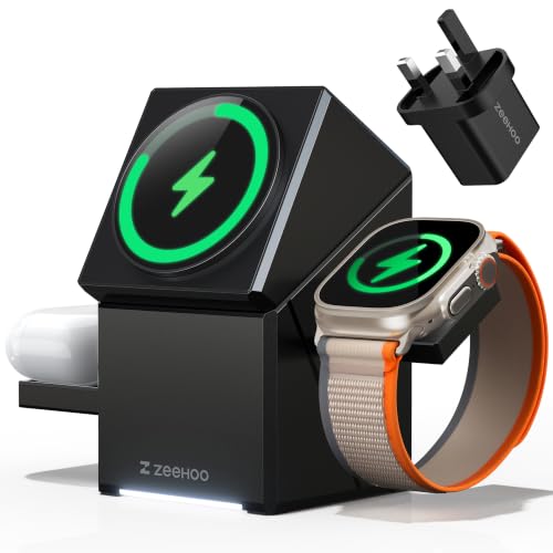 ZEEHOO 3 in 1 Charging Station Compatible with Magsafe,15W Fast Wireless Charger, Auto-Rotating Charger Stand for iPhone 16/15/14/13/12 Series, AirPods, Apple Watch(30W Adapter Included)