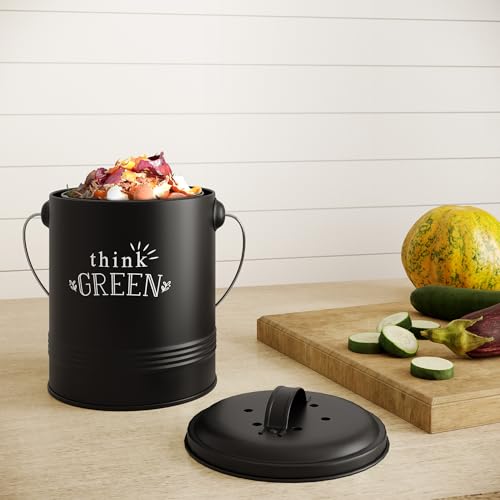 Image of Barnyard Designs Compost Bin for Kitchen Counter - 1.2 Gallon Countertop Composter with Extra Smell-Absorbing Filters and Inner Bucket for Easy Cleaning - Food Waste Bin for Kitchen with Lid (Black)