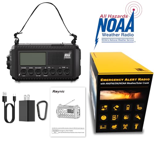 Raynic Radio meteorológica de emergencia solar de manivela, 5 vías, AM/FM/SW/NOAA, radio portátil con linterna, lámpara de lectura (pantalla LCD negra)