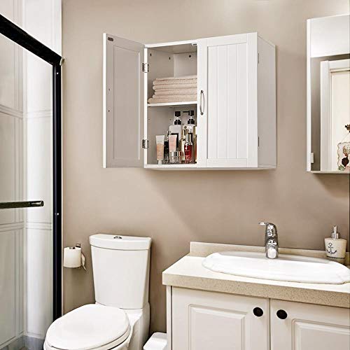 Miniatura 6 de Yaheetech Armario De Baño Pared 59,5x31x59,5cm Mueble Baño Suspendido Con Dos Puertas Armario Colgante Para Cocina, Lavadero,Ajustable Bandeje Y Antivuelco