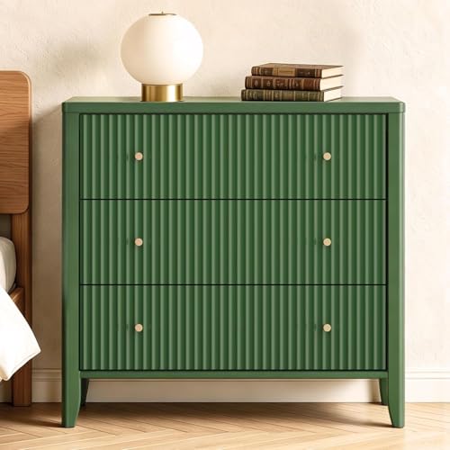 Image of Fatmok Fluted 3 Drawer Dresser for Bedroom Set of 3, 34 inch Wide Chest of Drawers, Modern Wood Nightstand End Table with Metal Handles, Striped Storage Cabinet for Living Room, Hallway,Green